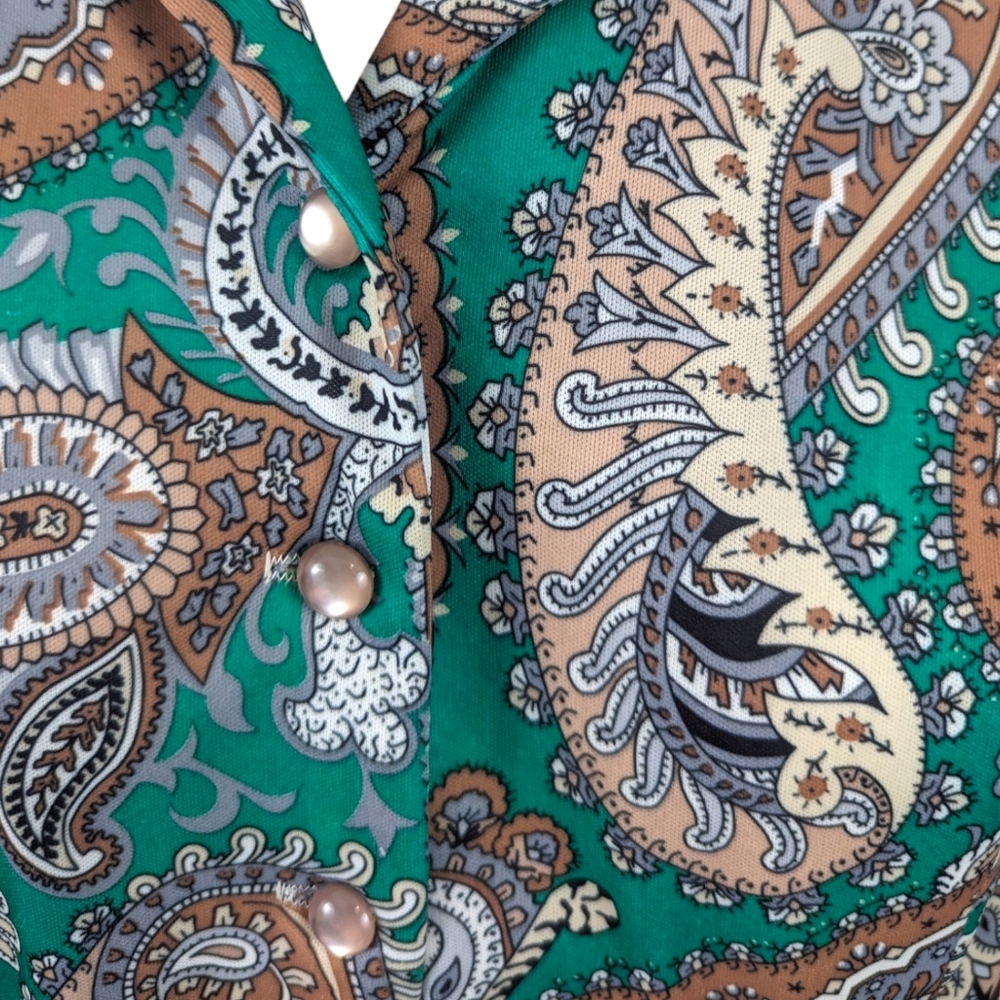 Vintage 70s 60s Paisley Shirt Dress Womens Large Polyester Green Shift - Picture 3 of 13